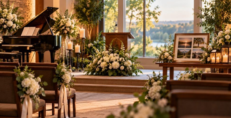 Memorial ceremony setting with a grand piano, wooden seating, white flowers, candles, and photos