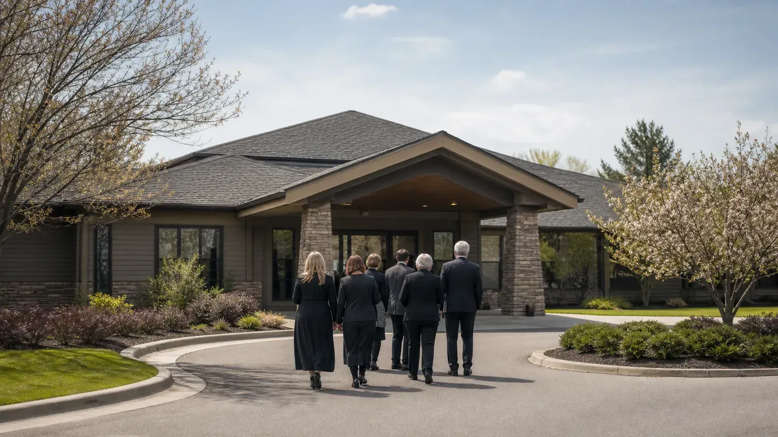 Mourners in black walk toward funeral chapel entrance in Lansing, MI under blooming trees