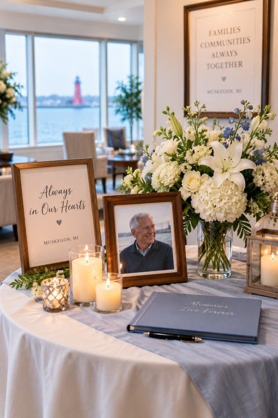 Memorial table with flowers, framed photo, and candles for families living in Muskegon