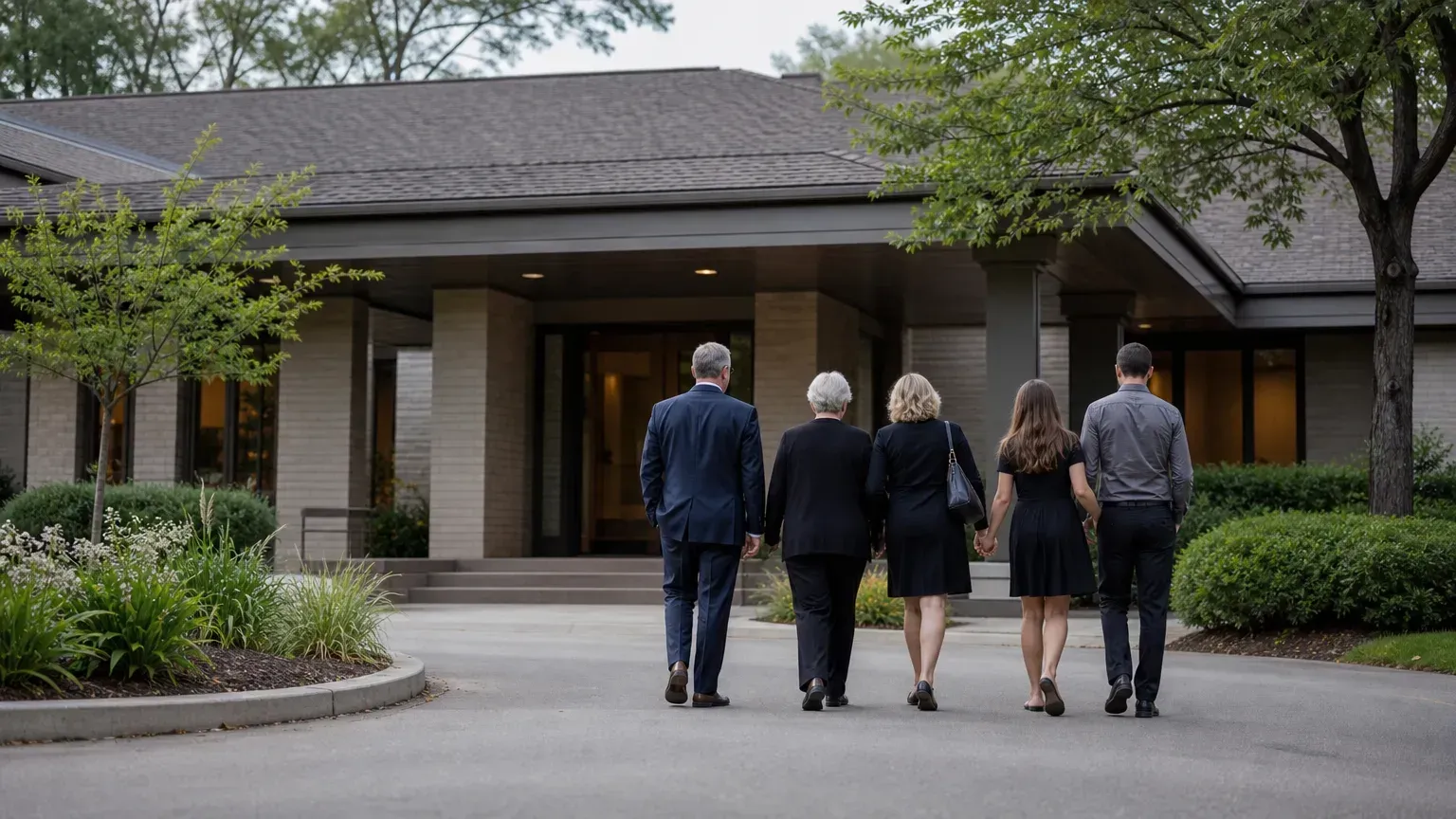 Five people walk toward a funeral home entrance in Grand Rapids, MI, framed by trees