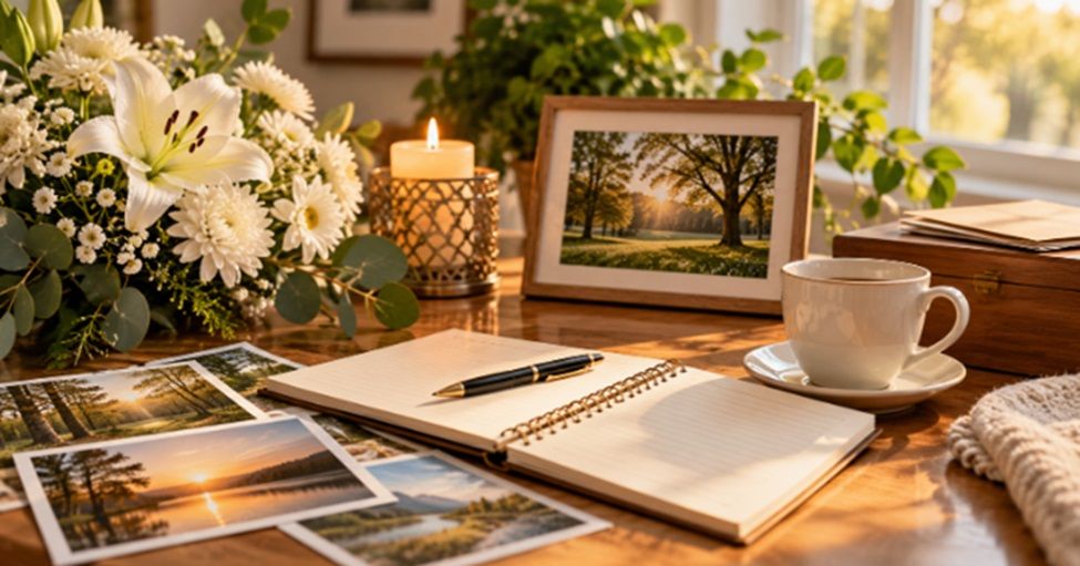 Open notebook and pen beside flowers, a candle, landscape photographs, and a teacup on a wooden table