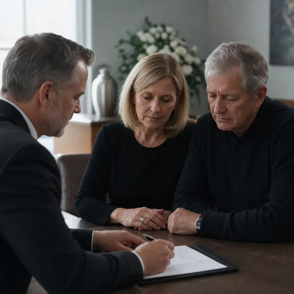 Man in suit at a Grand Rapids, MI funeral home writes forms as a couple sits close