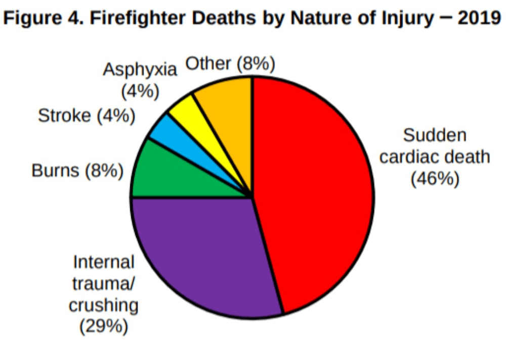 A pie chart showing firefighter deaths by nature of injury in 2019
