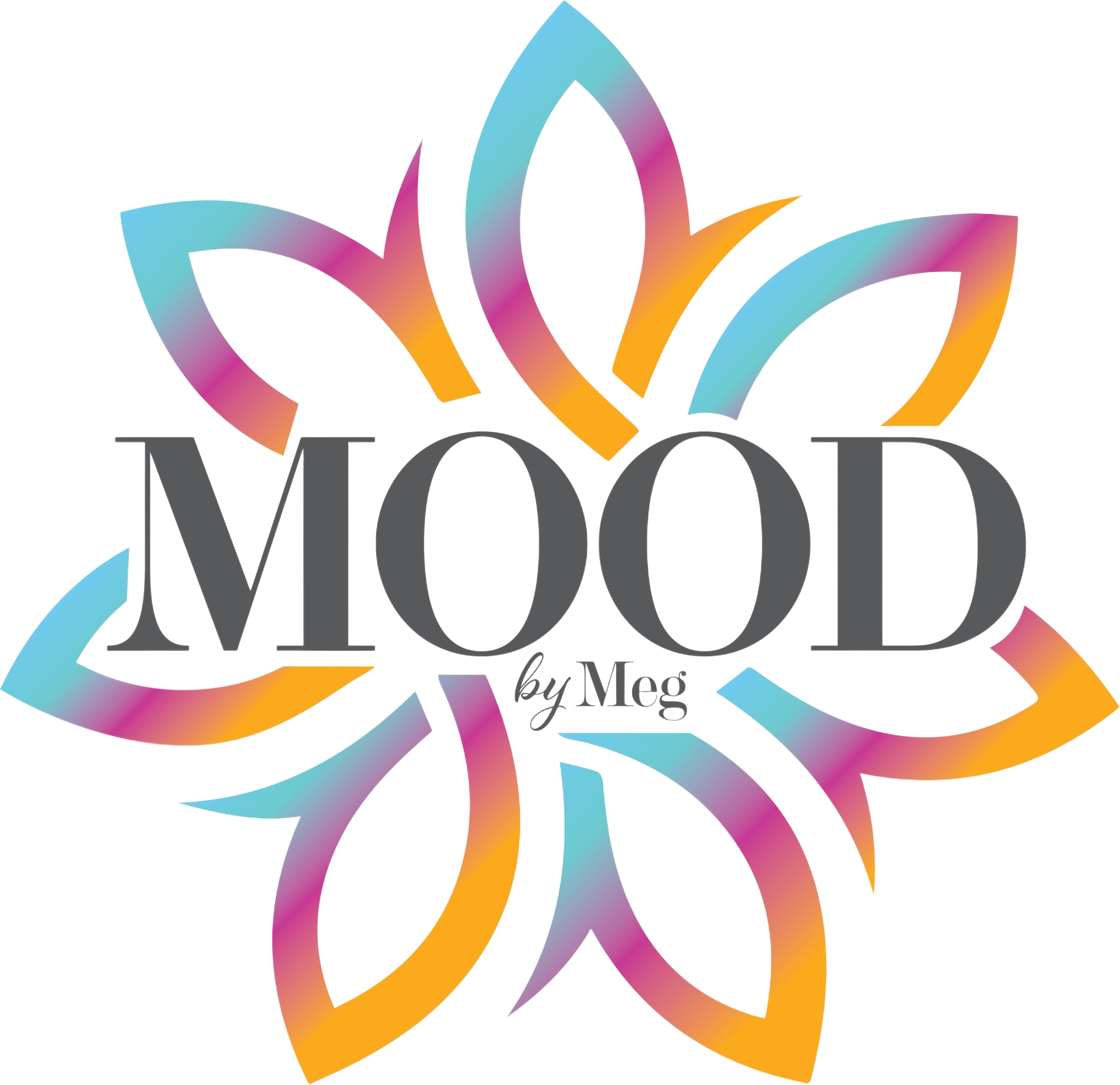 Logo with "MOOD" in dark gray font, surrounded by a colorful floral design in teal, pink, and orange. "by Meg" below.