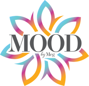 Logo with "MOOD" in dark gray font, surrounded by a colorful floral design in teal, pink, and orange. "by Meg" below.