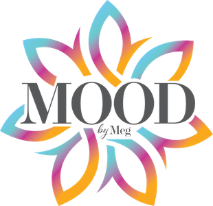 Logo with "MOOD" in dark gray font, surrounded by a colorful floral design in teal, pink, and orange. "by Meg" below.