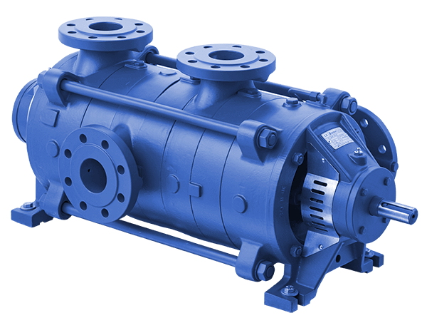 Blue industrial rotary screw compressor machine with flanged ports and exposed shaft