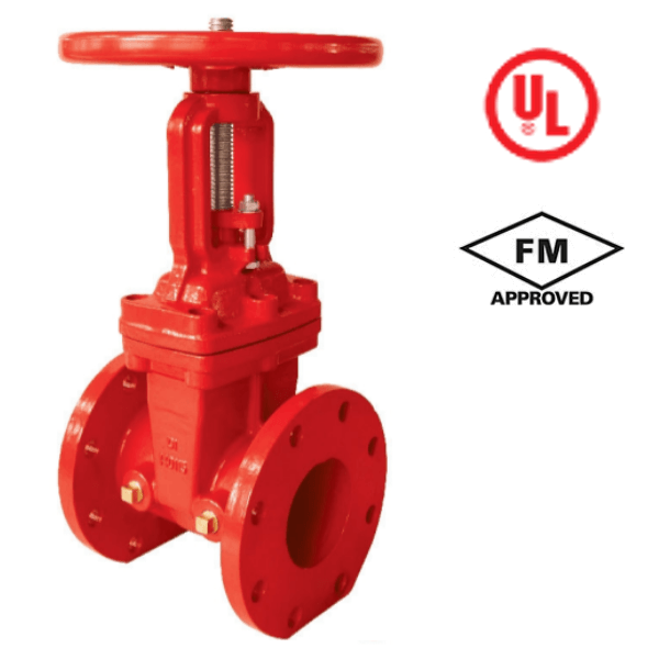 Red industrial gate valve with handwheel, marked UL and FM approved