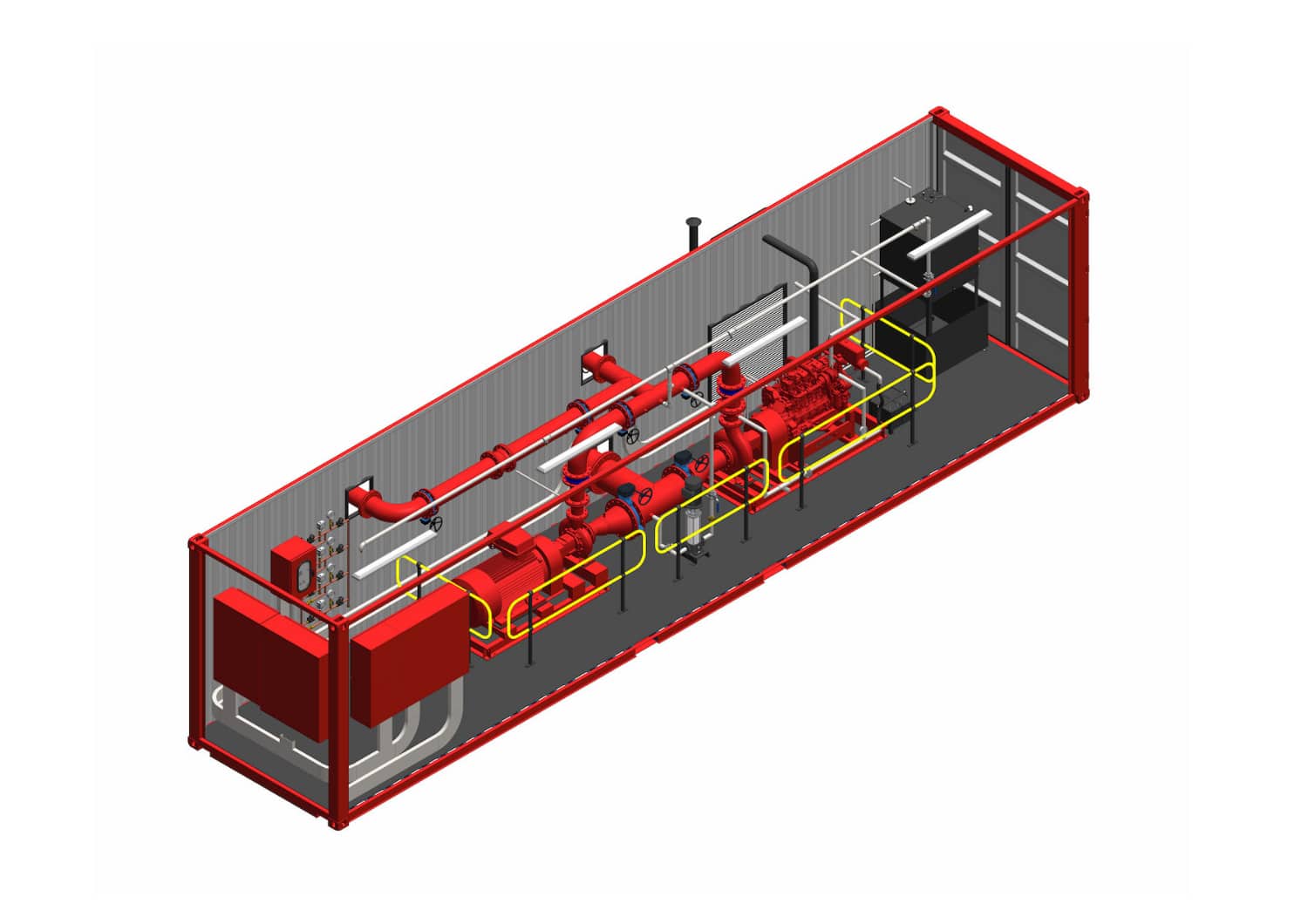 3D rendering of red industrial machinery inside a gray rectangular enclosure
