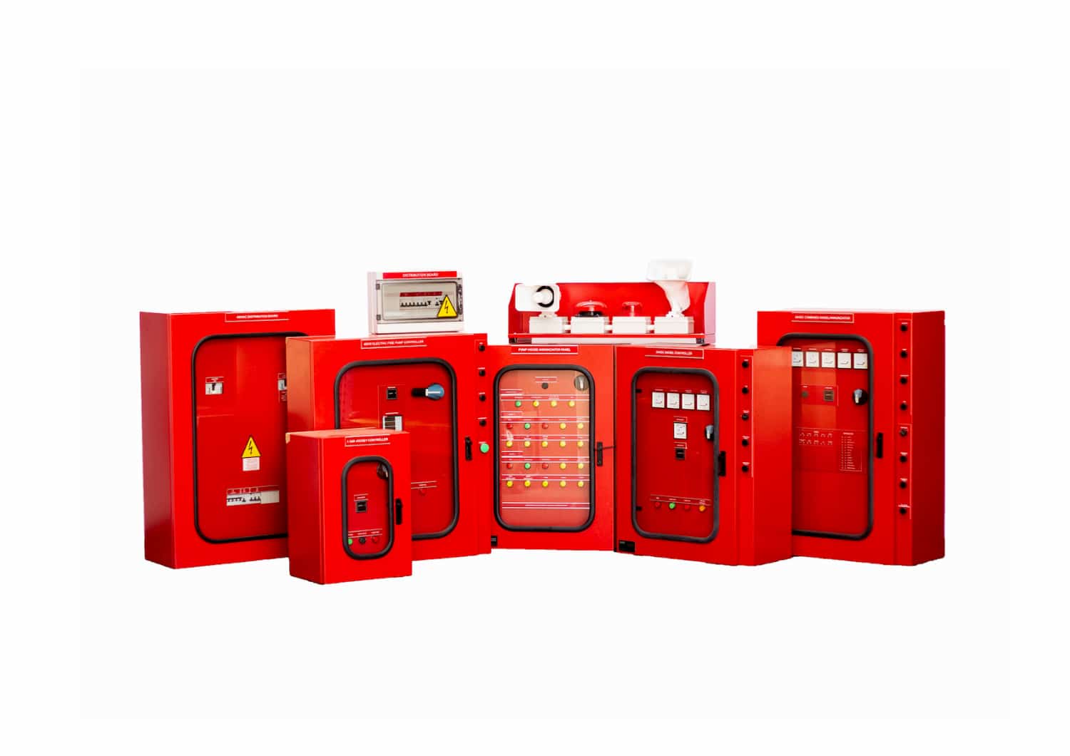 Red fire safety cabinets and extinguishers arranged in a row on a white background