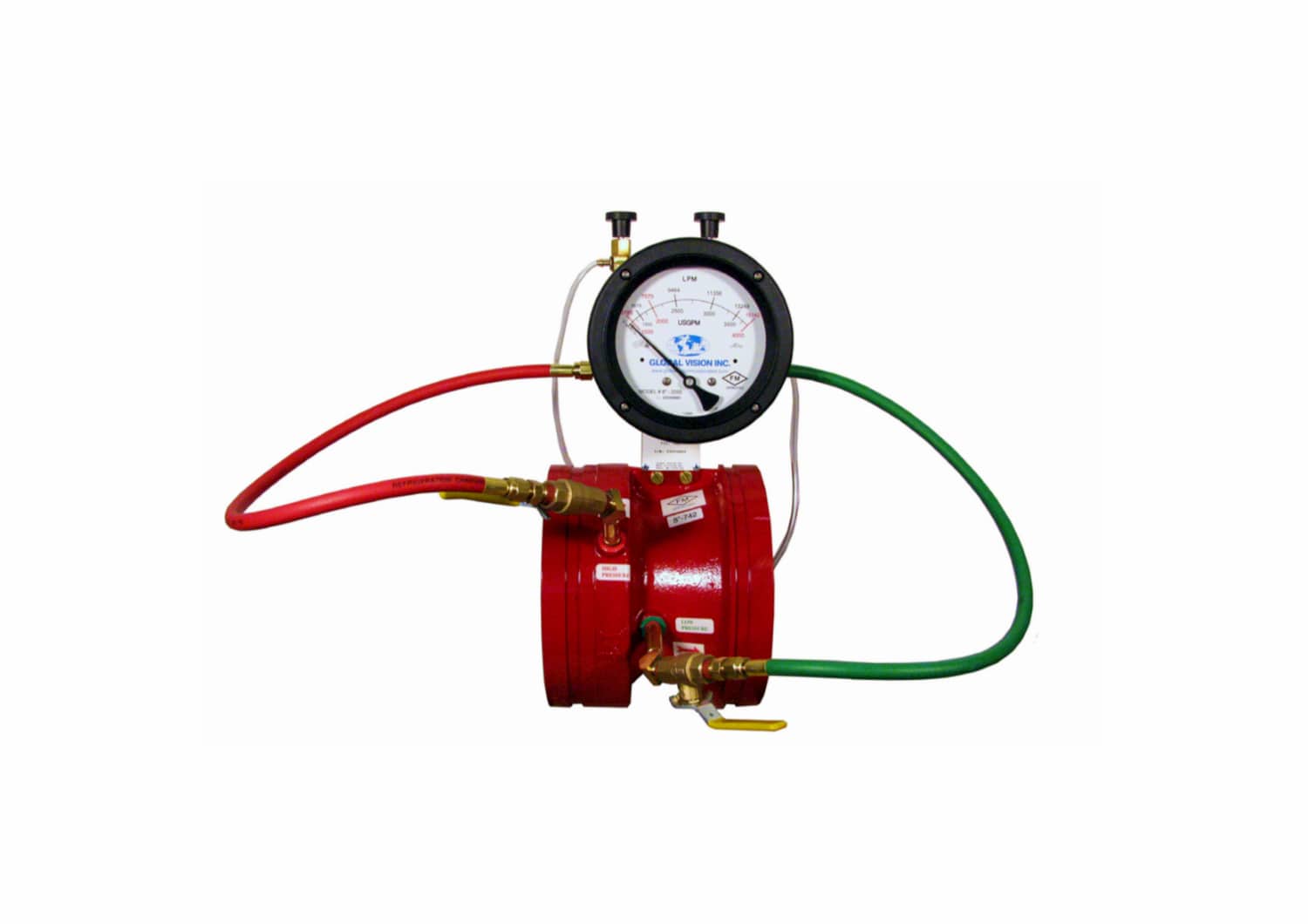 Red and green hose reel with pressure gauge and nozzle on a white background