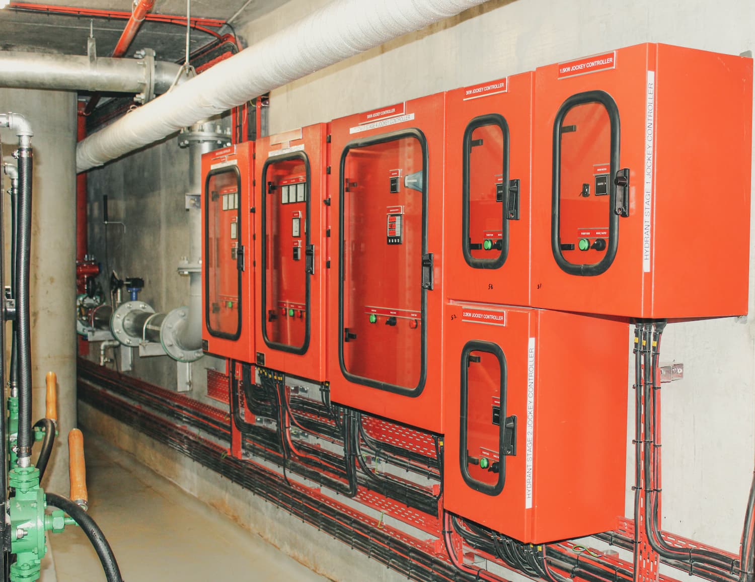 Orange electrical panels in an industrial utility room with pipes and machinery