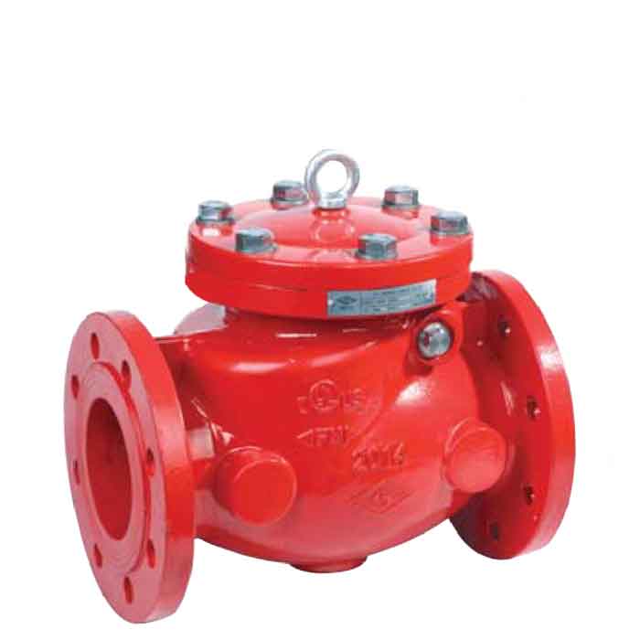 Red industrial valve with flanged ends and a bolted top cover, painted bright red.
