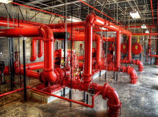Red industrial fire sprinkler pipes and valves in a large utility room with a concrete floor.