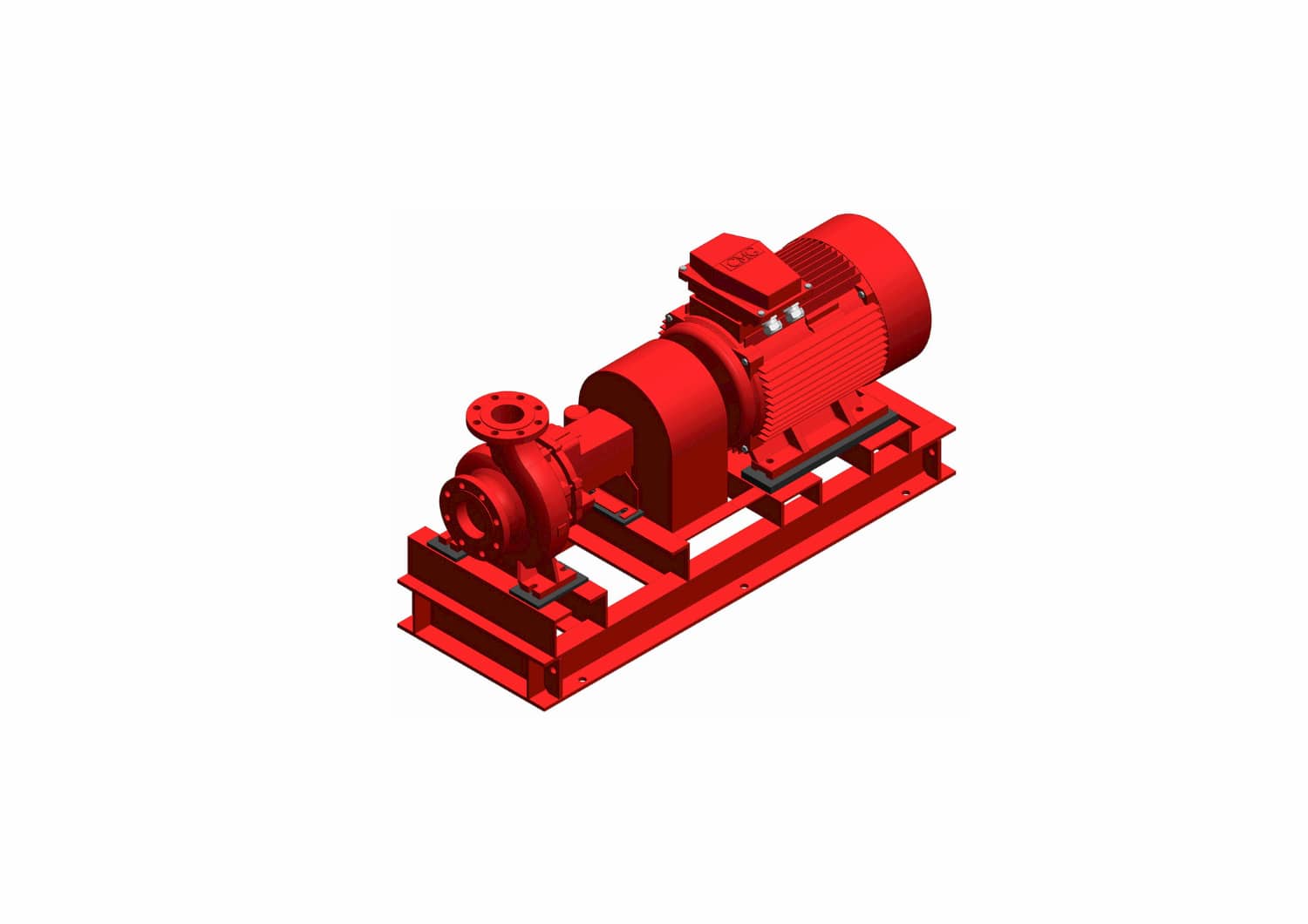 Red industrial machine on a base frame, shown in a 3D rendering on a white background