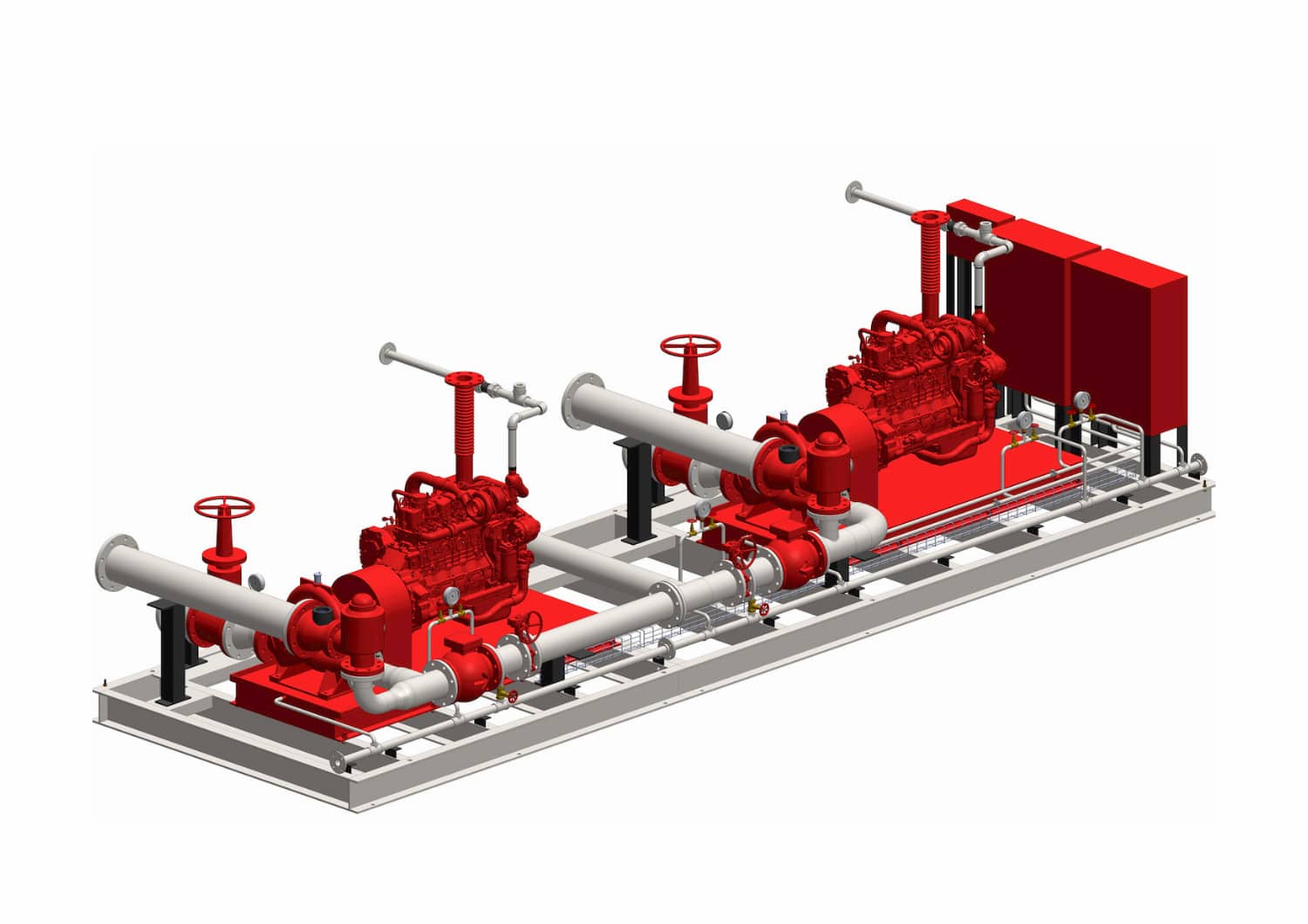 Red industrial pump skid with two red pumps, silver piping, and valves on a metal frame