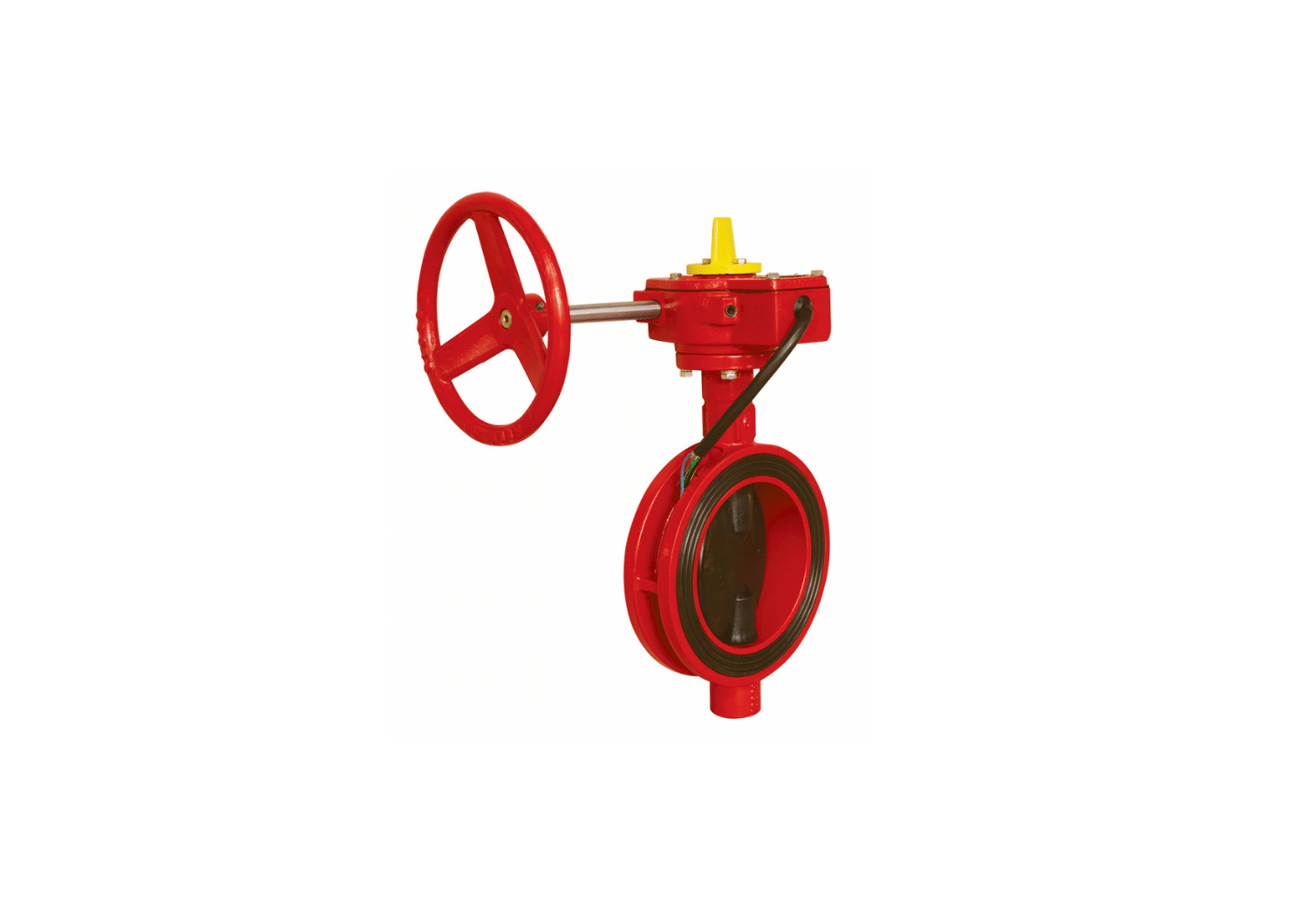 Red industrial valve with handwheel and open circular pipe fitting on a white background