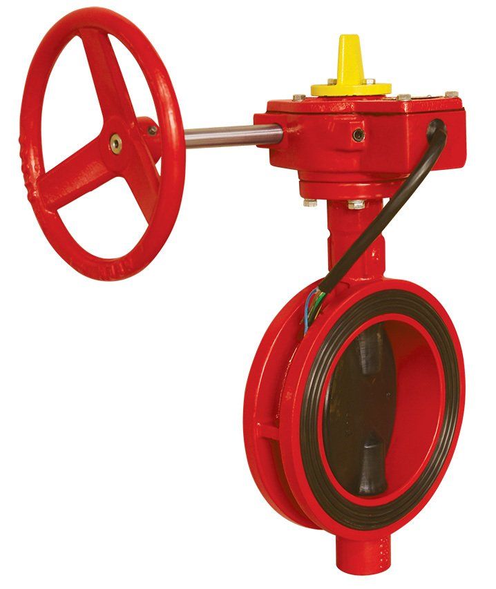 Red fire hydrant valve with a wheel handle and side wheel, shown on a white background