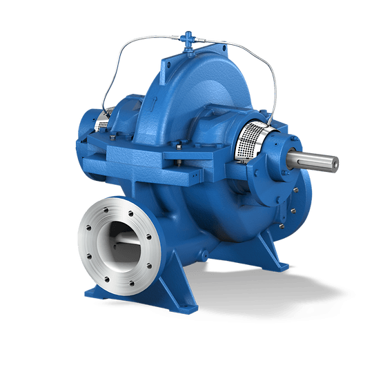 Blue industrial pump with metal flanges and exposed shaft on a white background