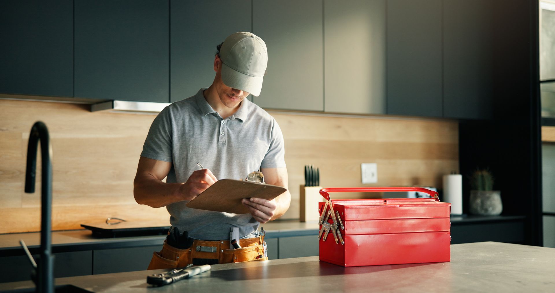 Person in a kitchen wearing a chef’s hat, preparing food beside a red toolbox on the counter. Person in a kitchen wearing a chef’s hat, preparing food beside a red toolbox on the counter.