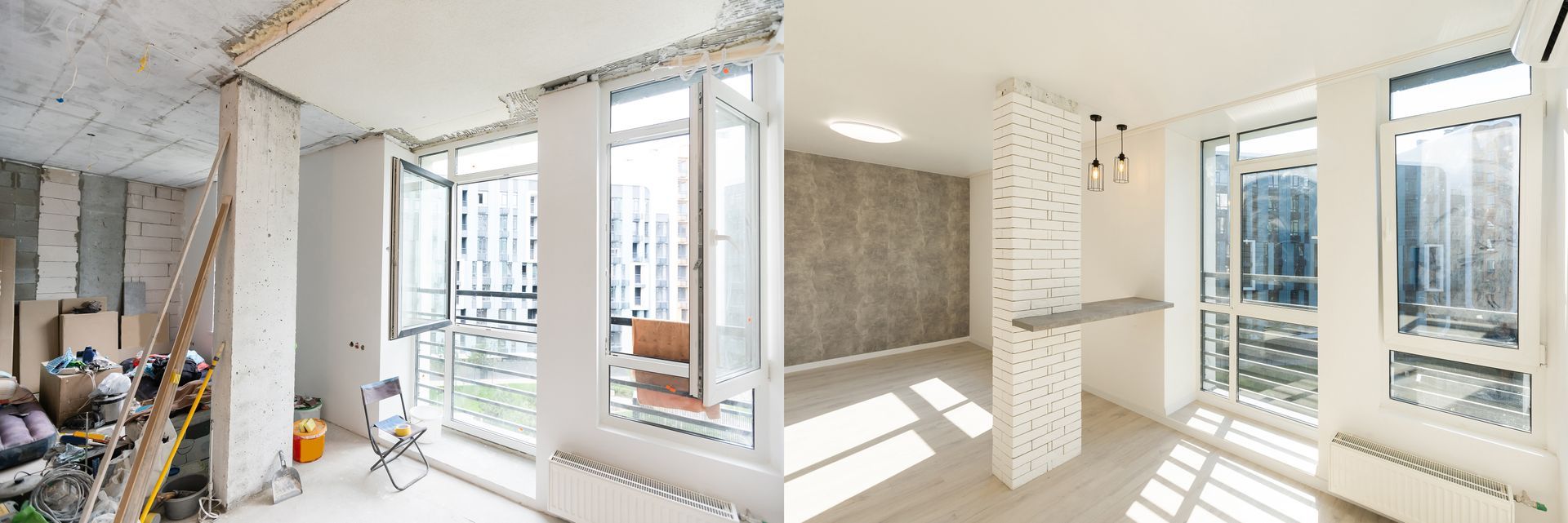 Bright, unfinished apartment interior with large windows, white walls, and exposed construction materials Bright, unfinished apartment interior with large windows, white walls, and exposed construction materials