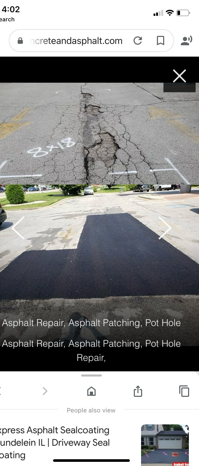 Split-screen view of an asphalt driveway before and after a pothole repair, showing crack filling and fresh pavement.