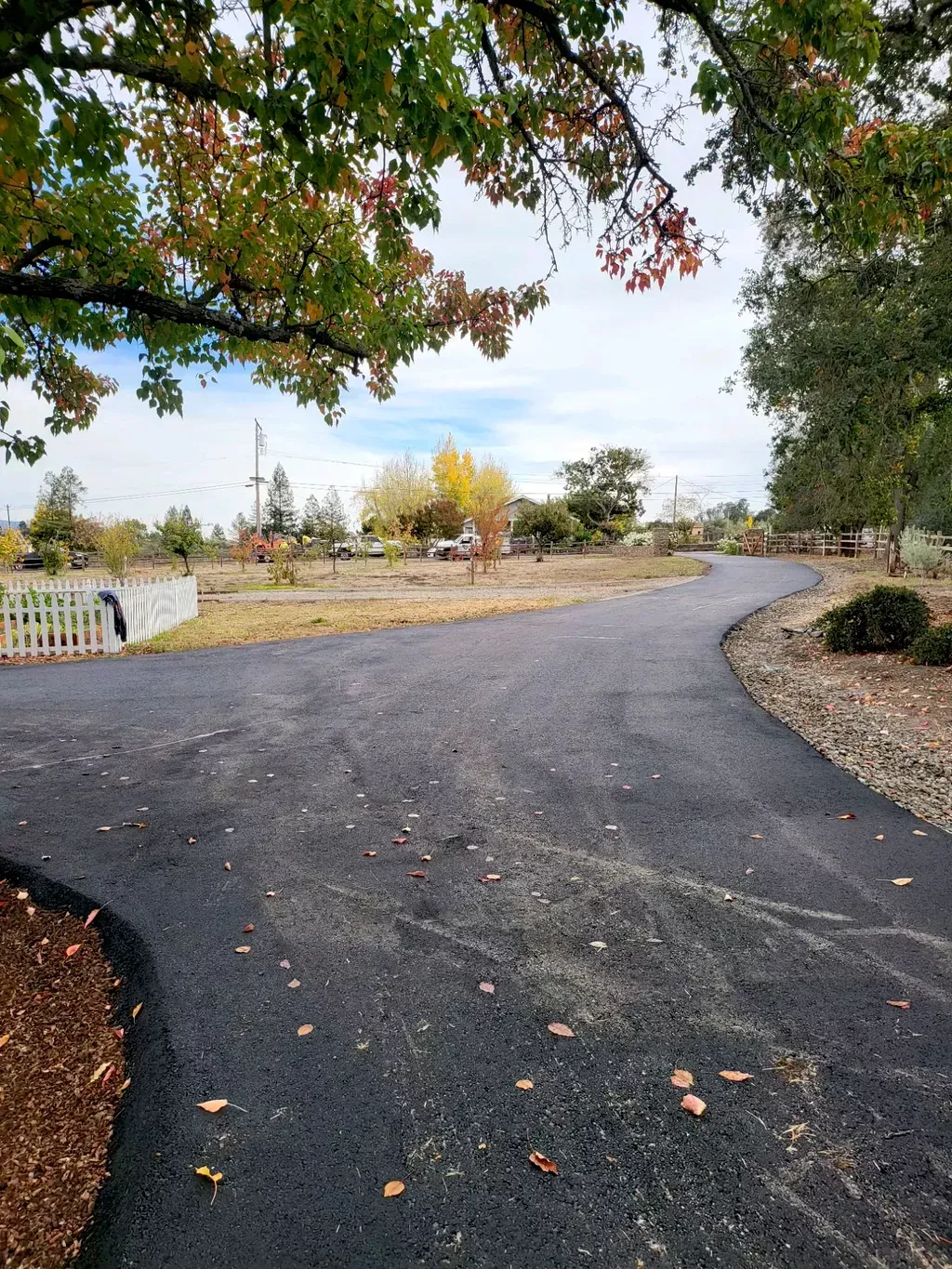 Curving paved driveway beside grassy lot with autumn trees and overcast sky