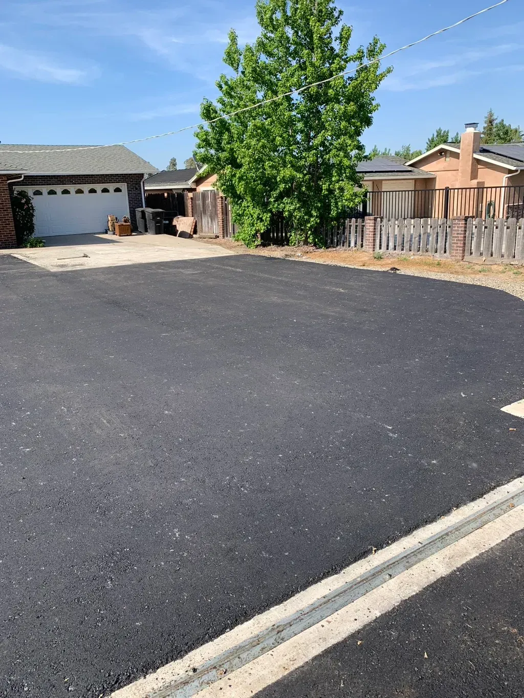 Empty paved lot beside houses and a large tree on a sunny day