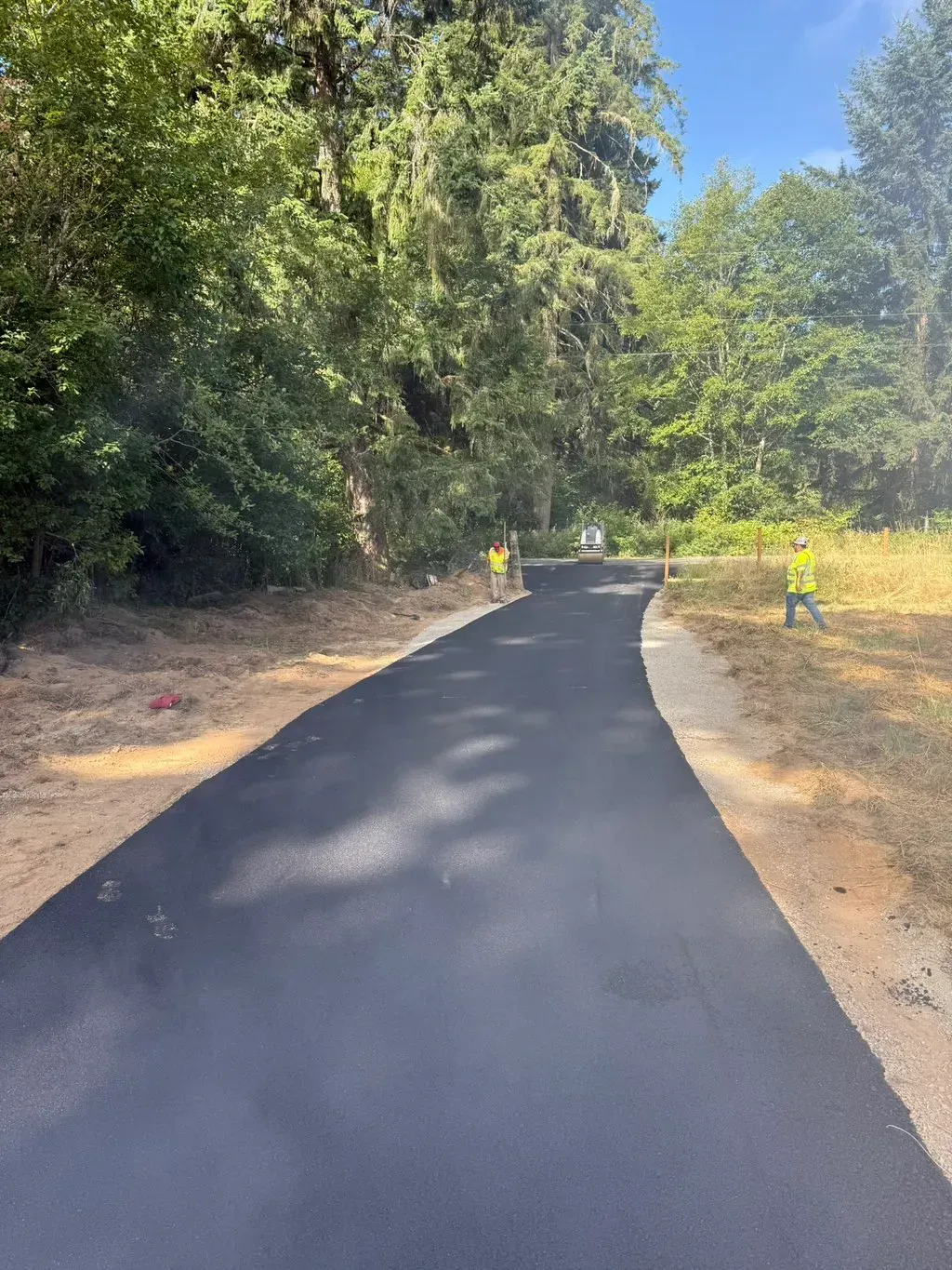 Freshly paved black path through a wooded area with yellow caution markers on the sides