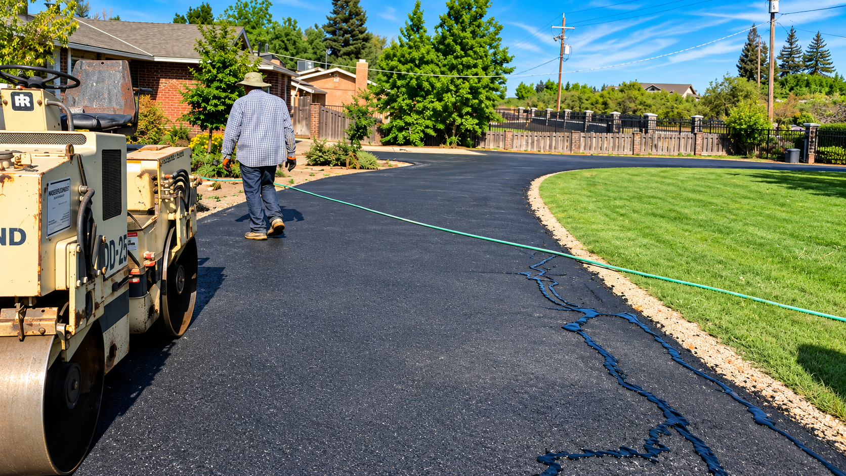 Worker walking on freshly paved black driveway beside a curb and grass, with a paving truck nearby.