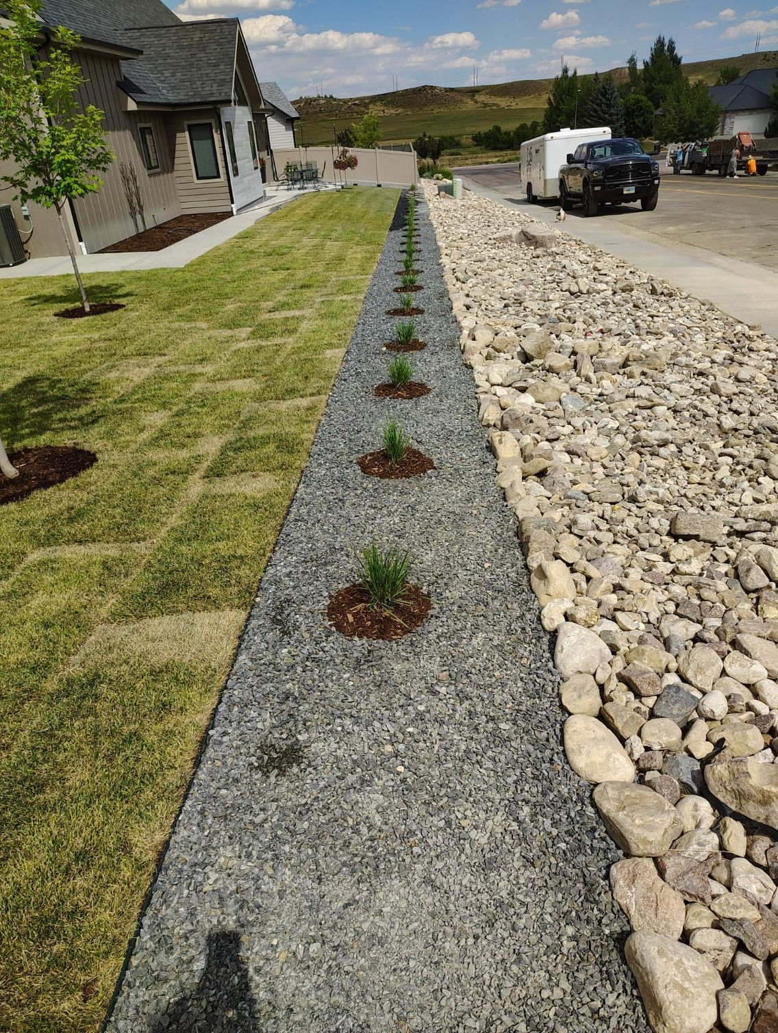 A long, narrow garden bed with small plants separates a green lawn from a rocky driveway next to a house.
