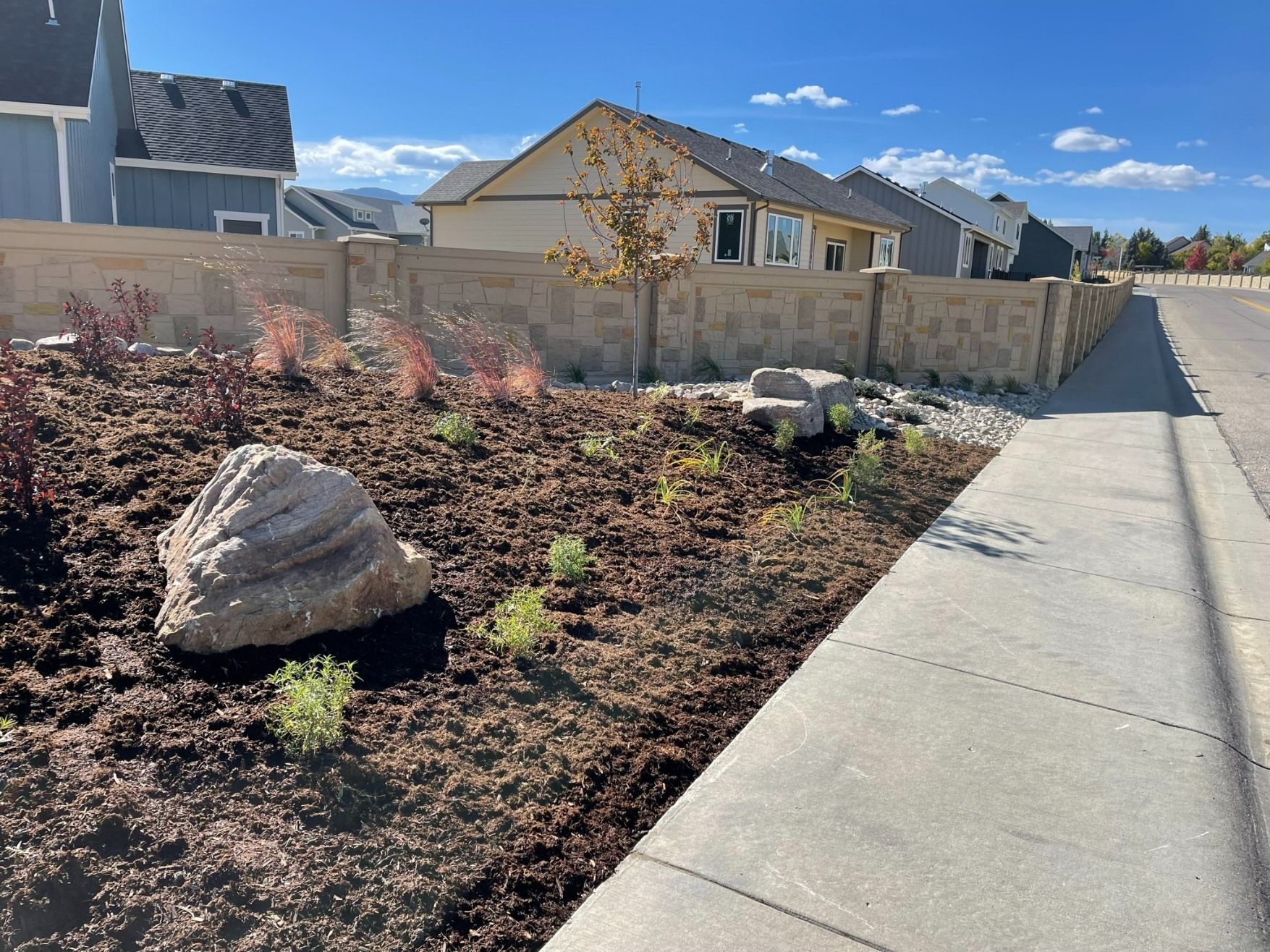 A landscaped suburban area with dark mulch, small green shrubs, and two large gray decorative boulders next to a sidewalk.