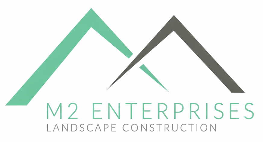 Logo for M2 Enterprises Landscape Construction featuring green and grey geometric mountain shapes over the text.