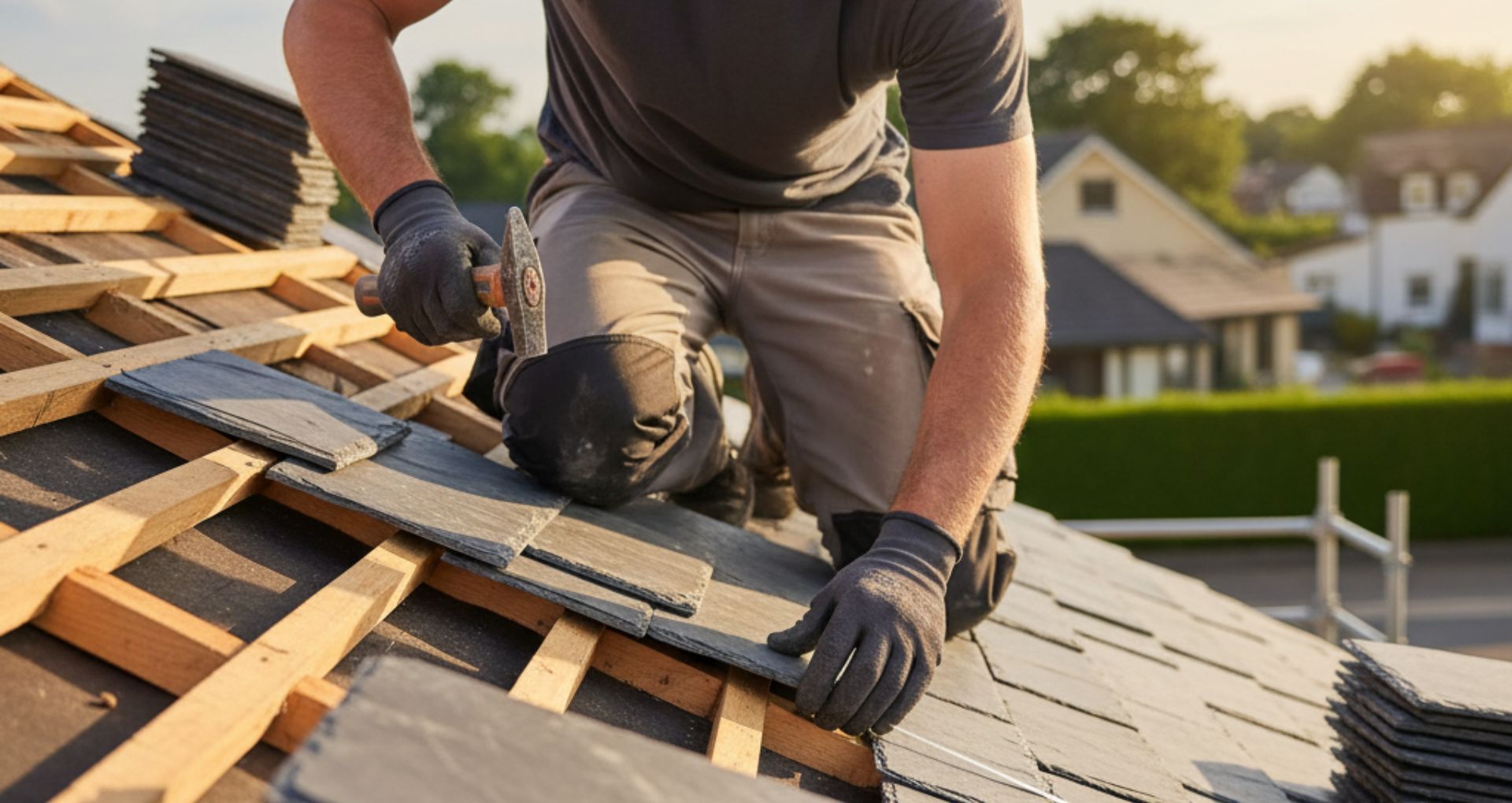 Roofing worker installing shingles on a house roof at sunset.