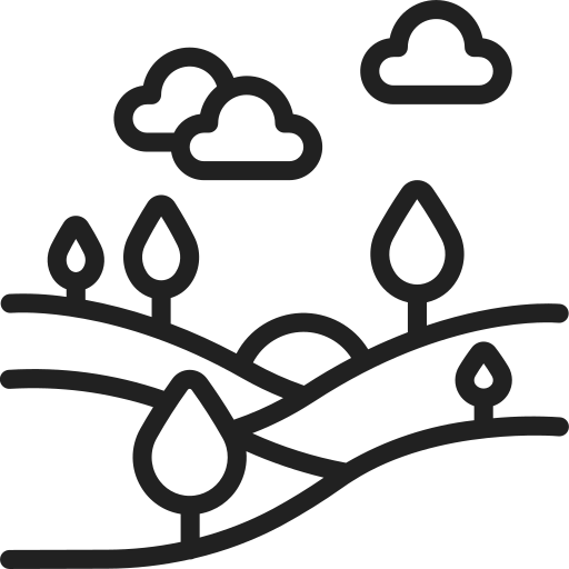 Black line-art landscape icon with rolling hills, trees, clouds, and a sun on a white background