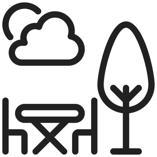 Outdoor patio icon with cloud, table, chairs, and tree