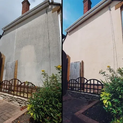 Side-by-side view of a house wall before and after painting, showing gray and pale pink finishes.