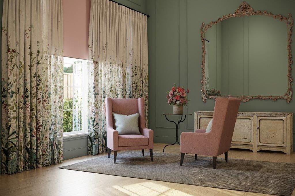 A Room with Pink Armchairs, Floral Curtains, and an Ornate Mirror — Southern Blinds & Awnings In Balaclava NSW