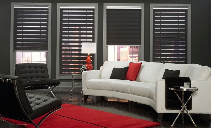 Sheerline Blinds Adorned in a Stylish Setting with White Sofa and Black Chairs — Southern Blinds & Awnings In Balaclava NSW