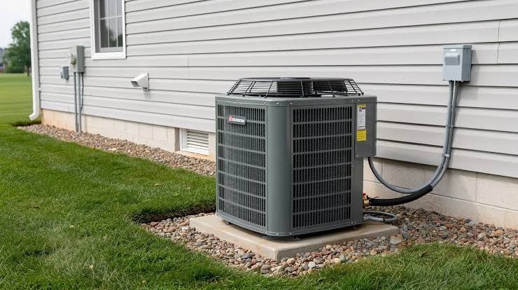 Man in blue shirt installing a white air conditioner unit on a wall.