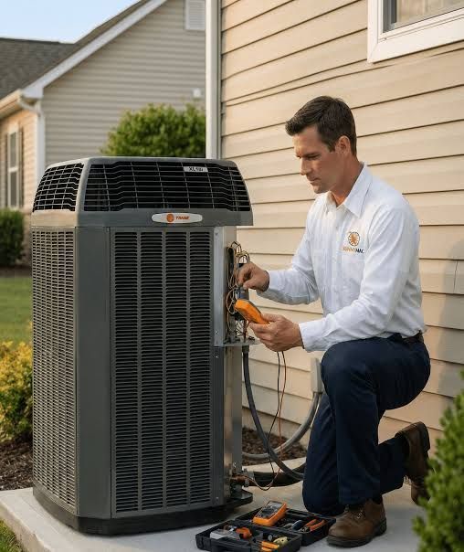 Man repairing an air conditioning unit; inside, with visible wires and tools.