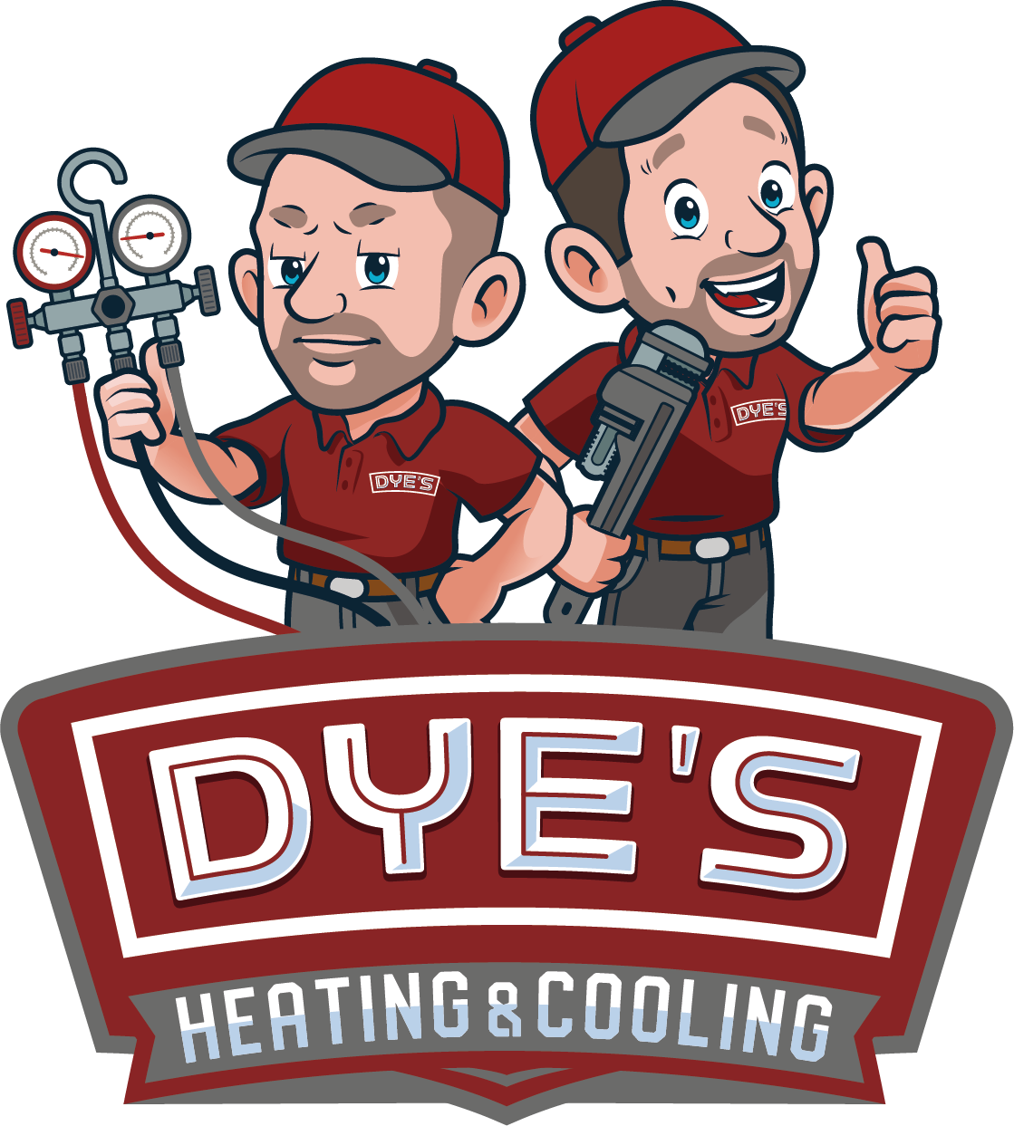 Two cartoon HVAC technicians with tools, thumbs up; red caps and shirts, 