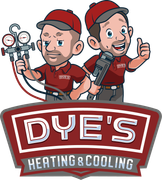 Cartoon logo of two men in red shirts, holding HVAC tools with the company name 