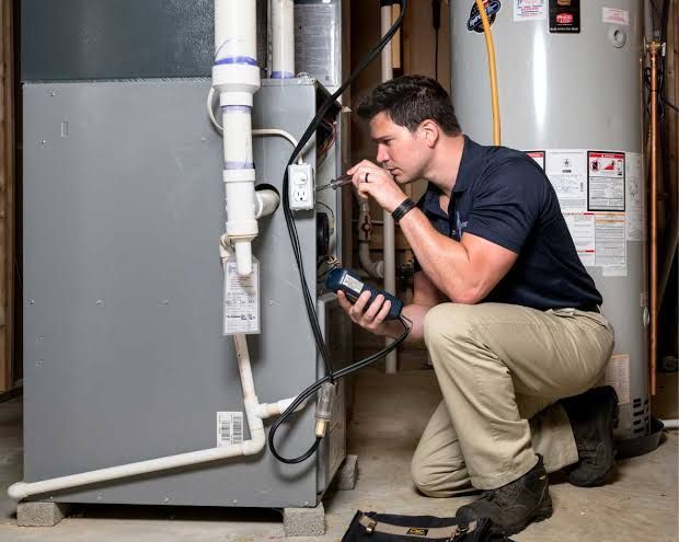 A person repairs a white wall-mounted furnace with a wrench, near yellow gas pipes.