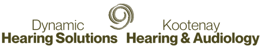 Logo for Dynamic Hearing Solutions and Kootenay Hearing & Audiology. Brown text and a spiral graphic.