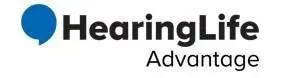 HearingLife Advantage logo: Blue speech bubble icon with the text
