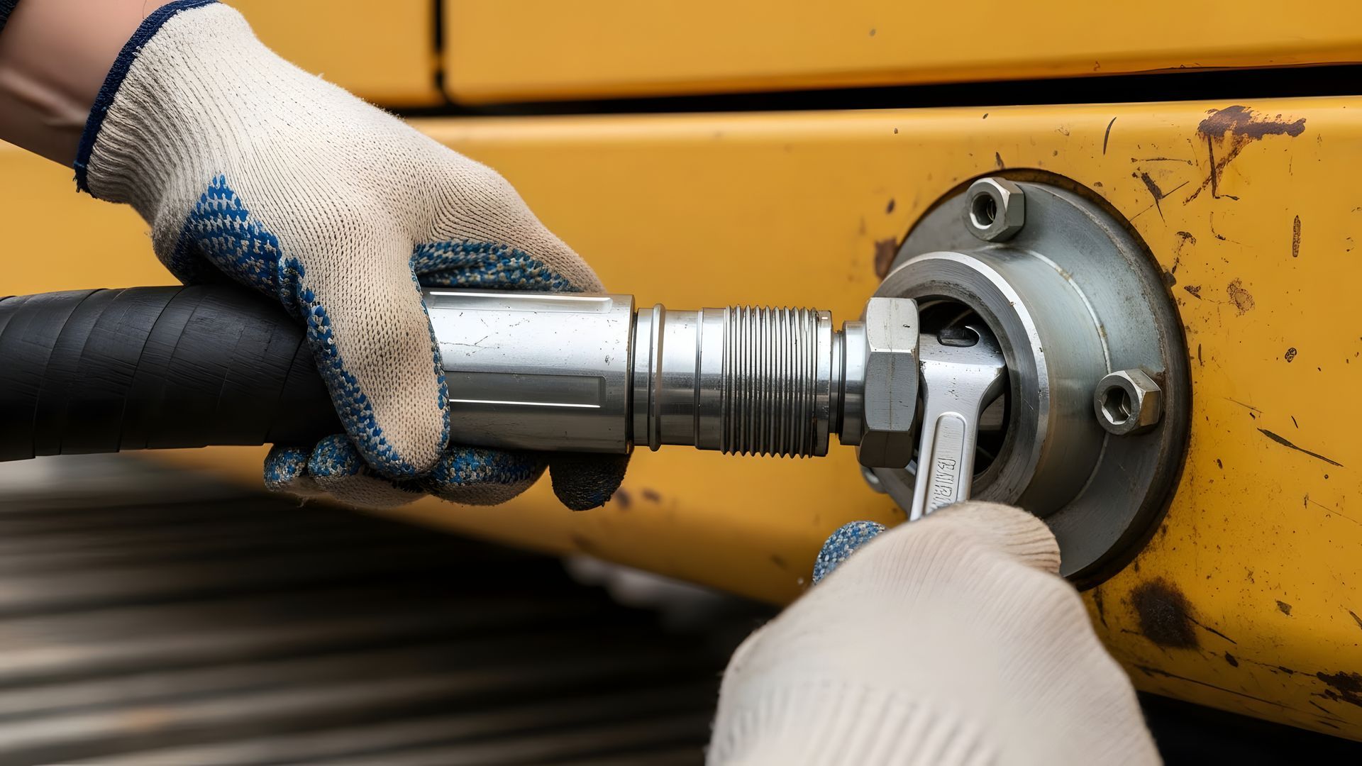 Technician tightening a hydraulic hose connection on yellow industrial equipment.