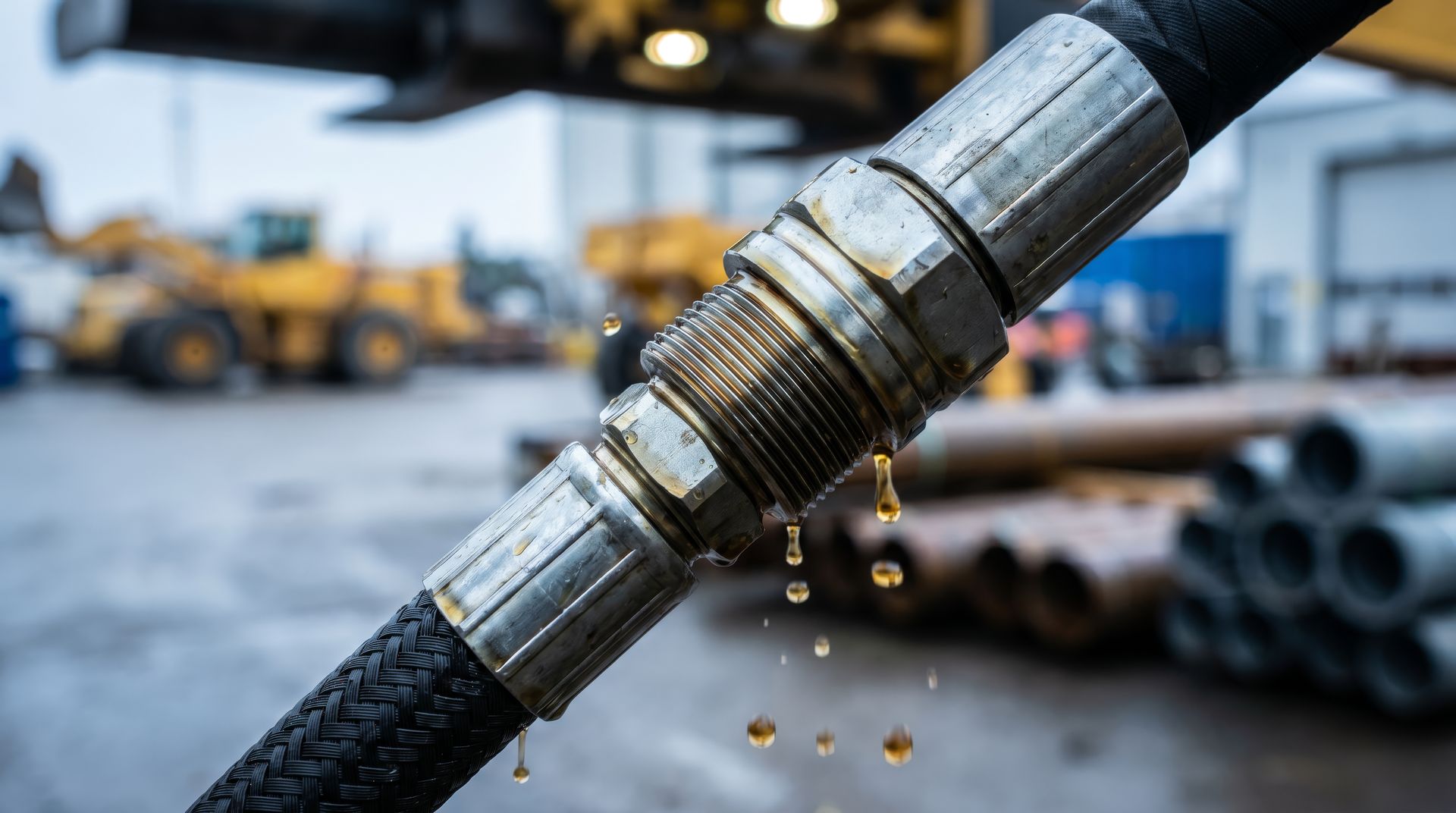 Leaking hydraulic hose coupling with oil droplets in an industrial worksite.