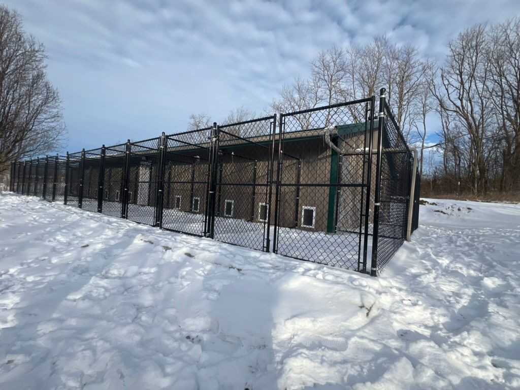 A chain link fence is surrounding a building in the snow.