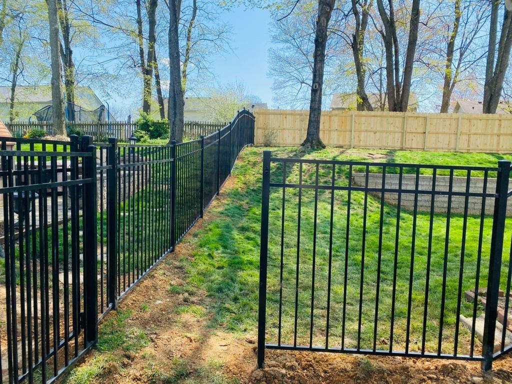 A black aluminum fence surrounds a lush green yard.